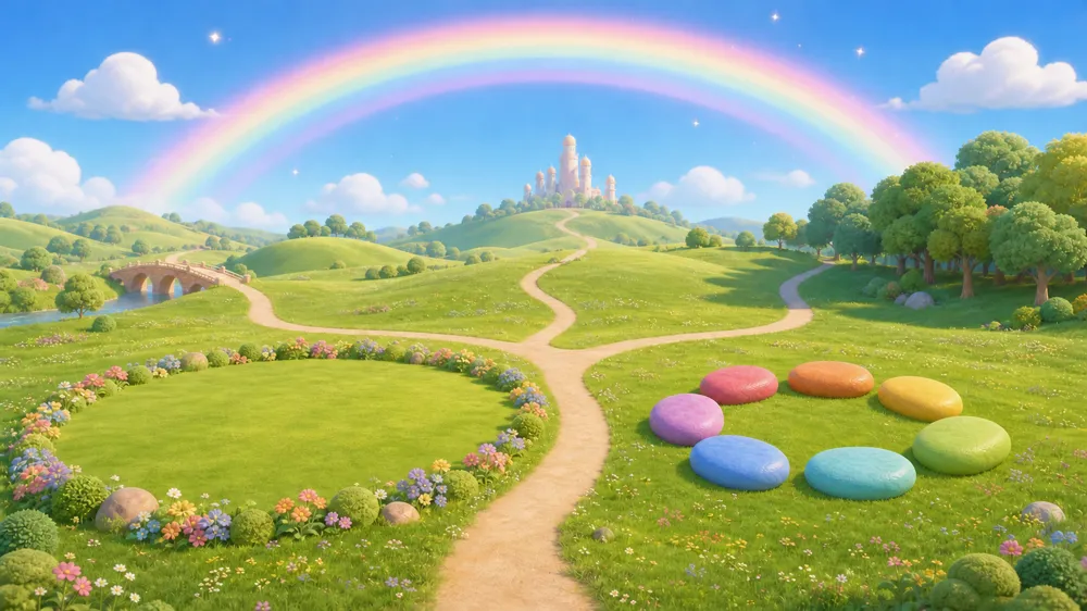 Rainbow Meadow beneath a pastel rainbow