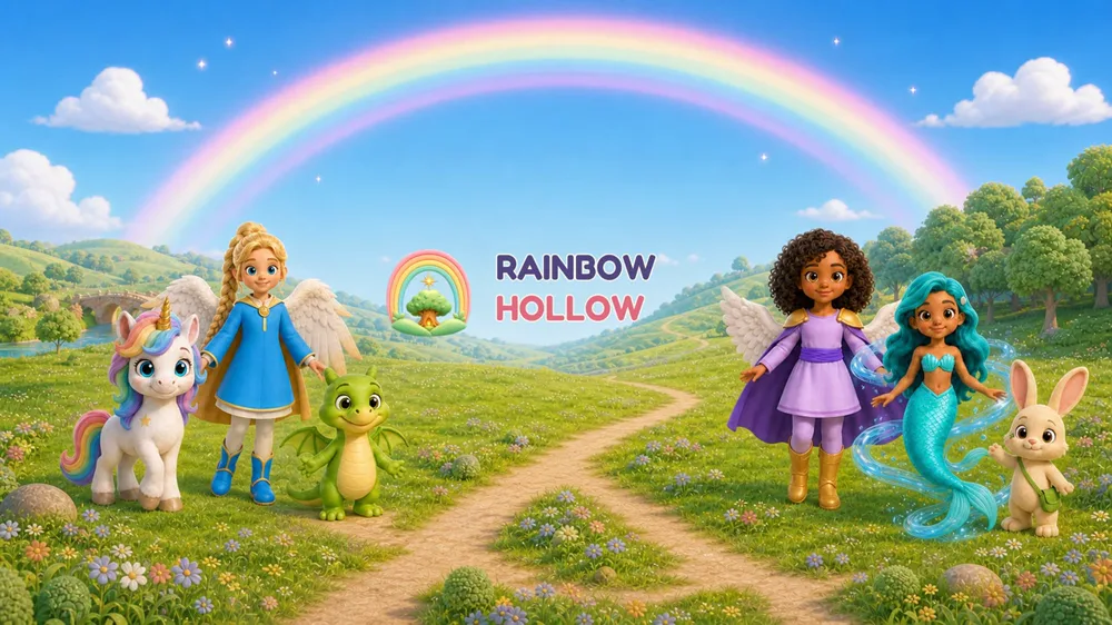 The Rainbow Hollow friends gathered beneath a rainbow